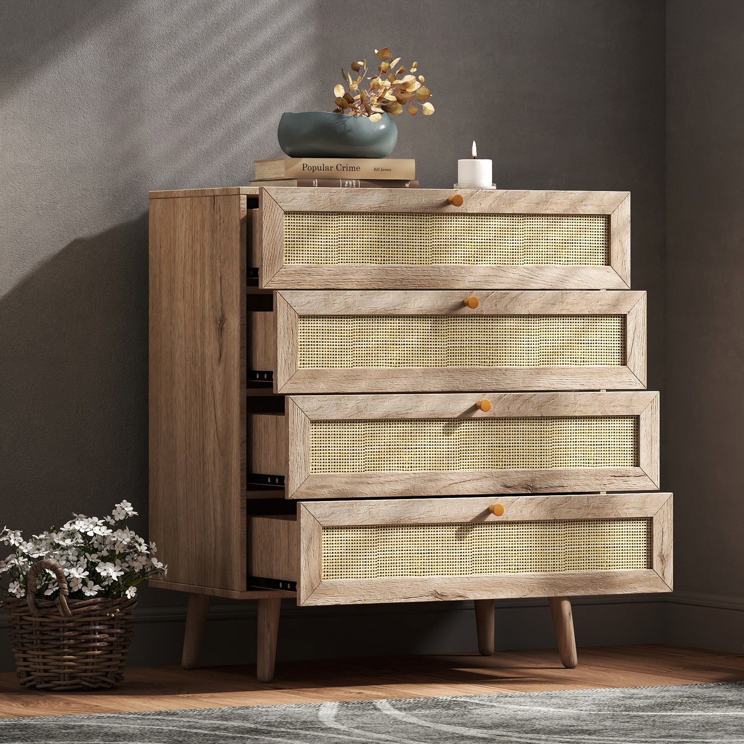 Willow Rattan Chest of 4 Drawers Oak