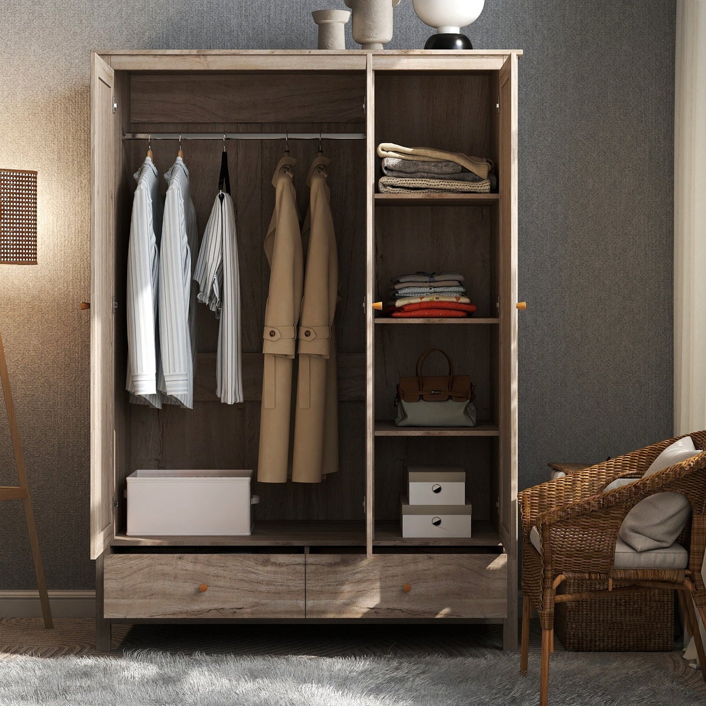 Willow Rattan 3 Piece Bedroom Set with 3 Door Wardrobe, Bedside Table & Chest of 4 Drawers