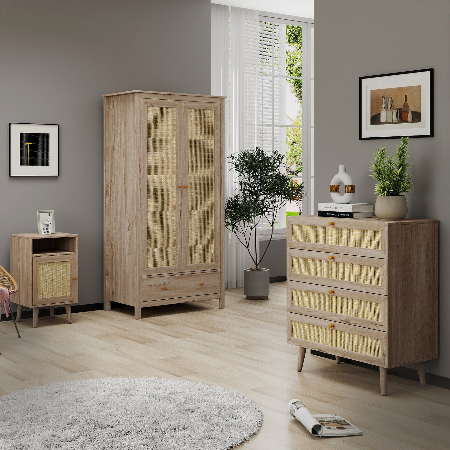 Willow Rattan 3 Piece Bedroom Set with 2 Door Wardrobe, Bedside Table & Chest of 4 Drawers
