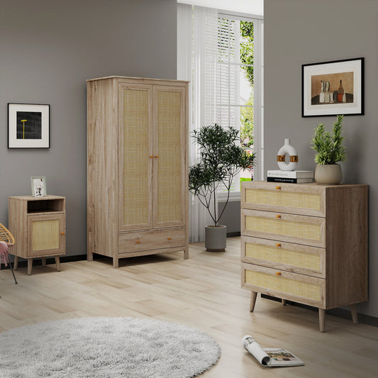 Willow Rattan 3 Piece Bedroom Set with 2 Door Wardrobe, Bedside Table & Chest of 4 Drawers