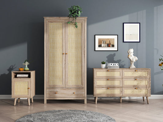 Willow Rattan 3 Piece Bedroom Set with 2 Door Wardrobe, Bedside Table & Chest of 6 Drawers