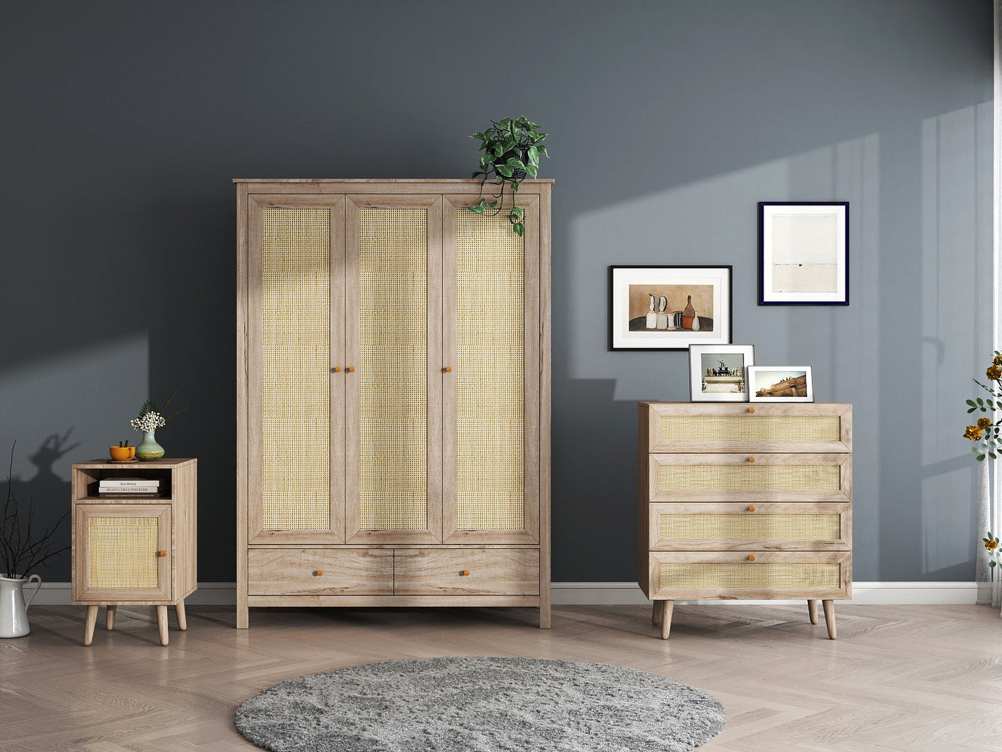 Willow Rattan 3 Piece Bedroom Set with 3 Door Wardrobe, Bedside Table & Chest of 4 Drawers