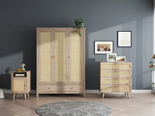 Willow Rattan 3 Piece Bedroom Set with 3 Door Wardrobe, Bedside Table & Chest of 4 Drawers