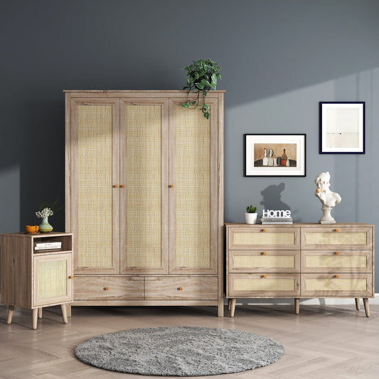 Willow Rattan 3 Piece Bedroom Set with 3 Door Wardrobe, Bedside Table & Chest of 6 Drawers