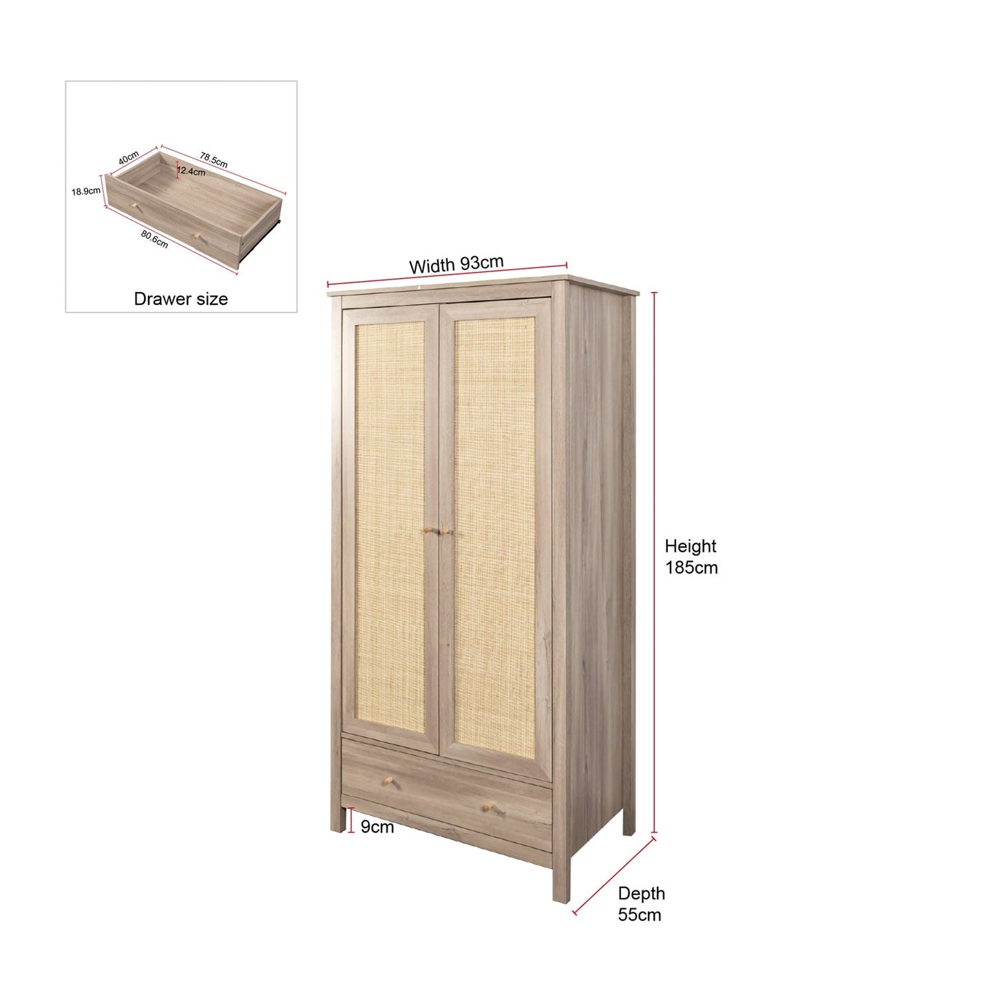 Willow Rattan 2 Door Double Wardrobe with 1 Drawer