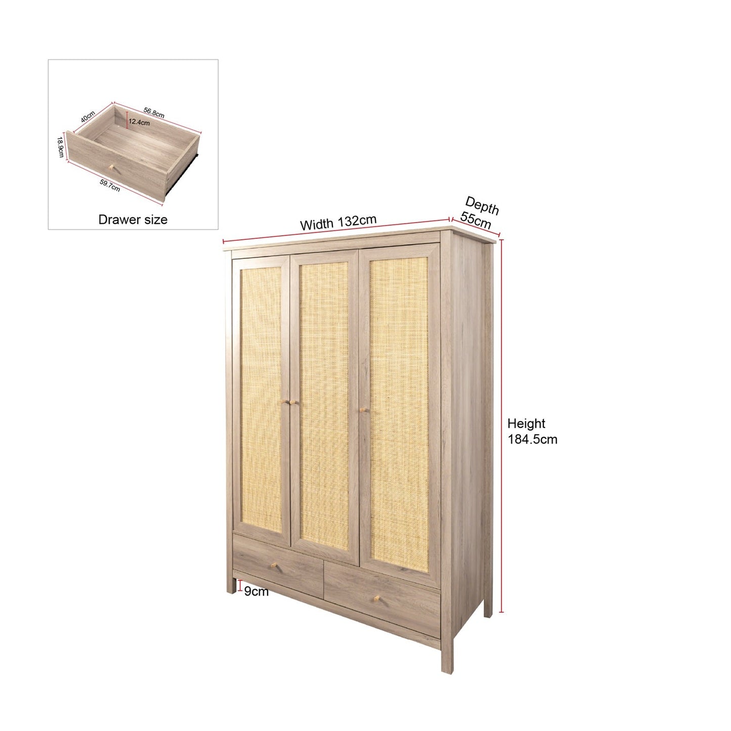 Willow Rattan 3 Piece Bedroom Set with 3 Door Wardrobe, Bedside Table & Chest of 4 Drawers