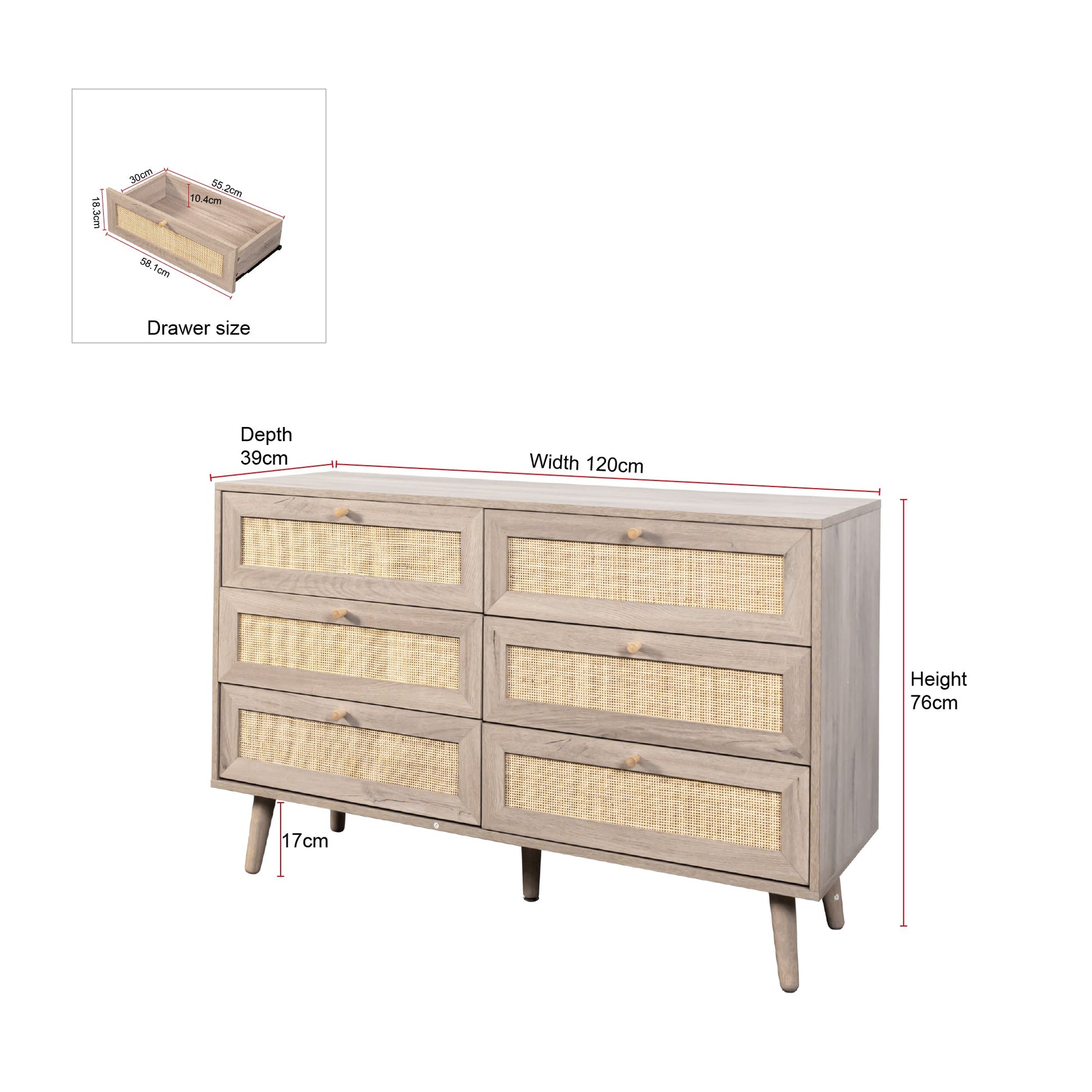 Willow Rattan Chest of 6 Drawers Oak